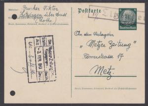 Germany, Occupation of Lorraine, H&G I31 uised 1940 6pf Postal Card to Metz