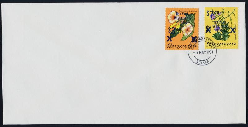 Guyana 334-5a on FDC's - Flowers, Royal Wedding o/p