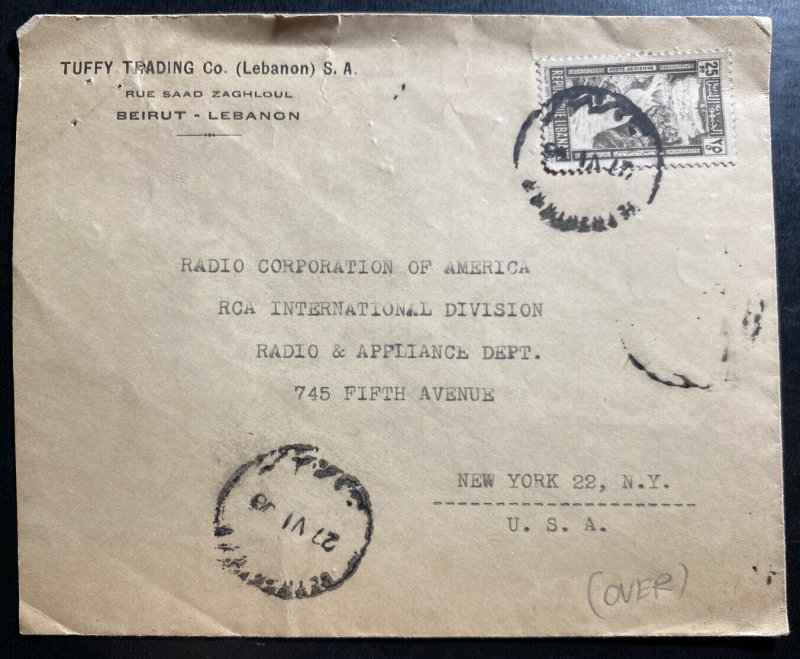 1946 Beirut Lebanon Commercial Cover To Radio Corporation New York USA 