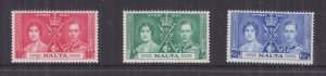 MALTA, 1937 Coronation set of 3, mnh.