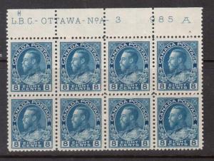 Canada #115 XF/NH Plate #3 Top Block Of Eight