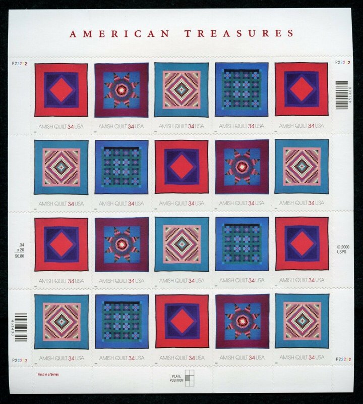 US Scott 3524-27 Am. Treasures Amish Quilt pane of 20 MINT 