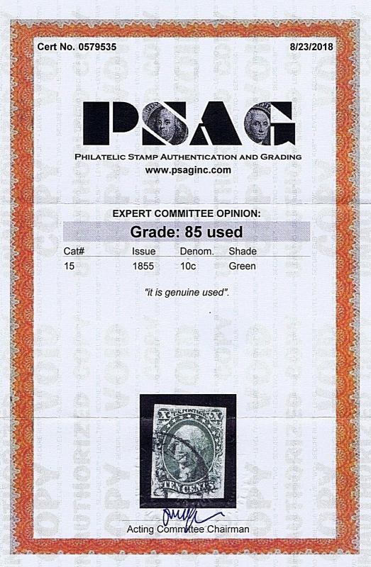 SC# 15 USED 10 CENT WASHINGTON, 1855, PSAG CERT GRADED VF XF 85