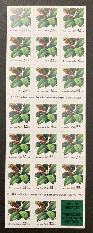 U.S. 1997 #3177a Booklet Pane, Holly, MNH.