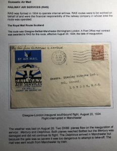 1934 Glasgow Scotland England First Flight Railway Airmail Cover To London