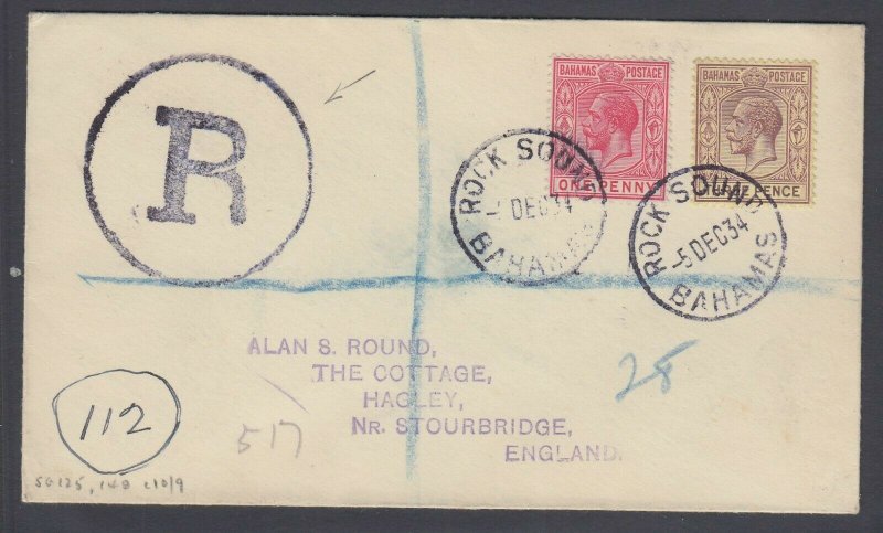 Bahamas, 1934 KGV with ROCK SOUND cancel on registered cover to England