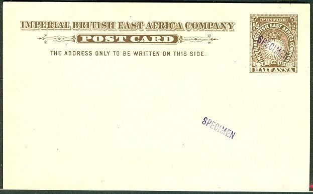 BRITISH EAST AFRICA 1893 H&G #1 ½ Anna “SPECIMEN card