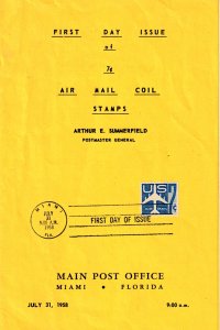 USPS FDC Ceremony Program #C52 C1 7c Blue Jet Air Mail Coil Miami Florida 1958