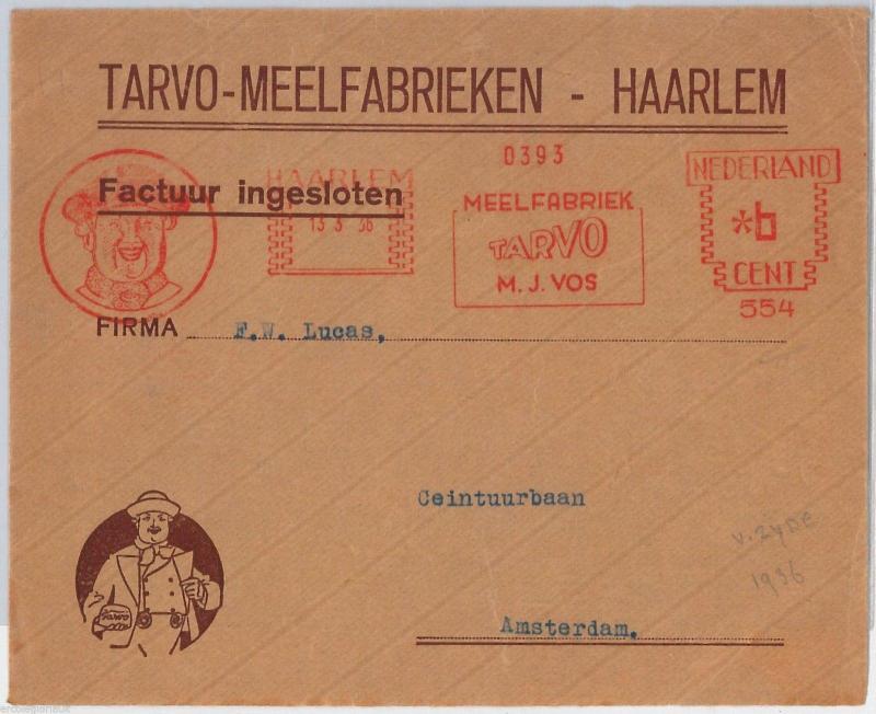 THE NETHERLANDS  -  MECHANICAL POSTMARK on COVER FRONT 1936  - GASTRONOMY Flour