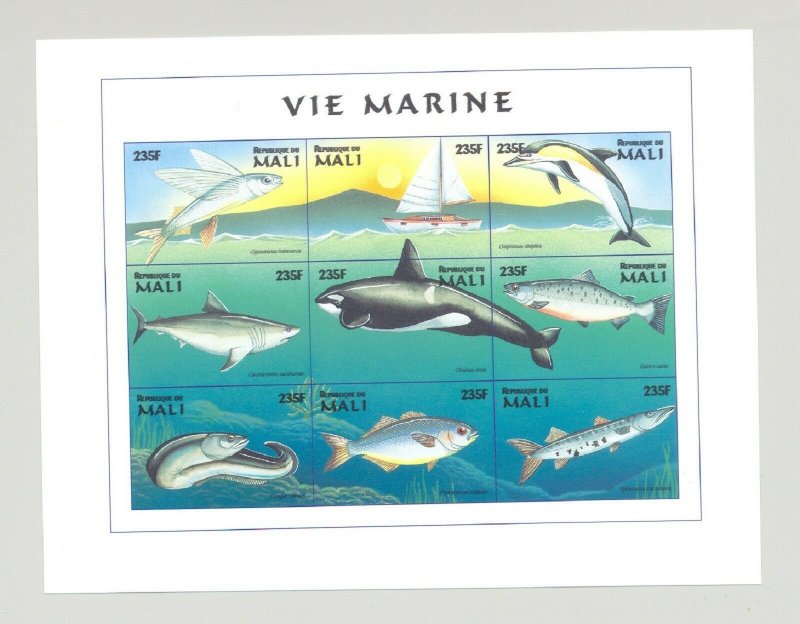 Mali #897 Fish, Whale, Dolphin 1v M/S of 9 Imperf Chromalin Proof