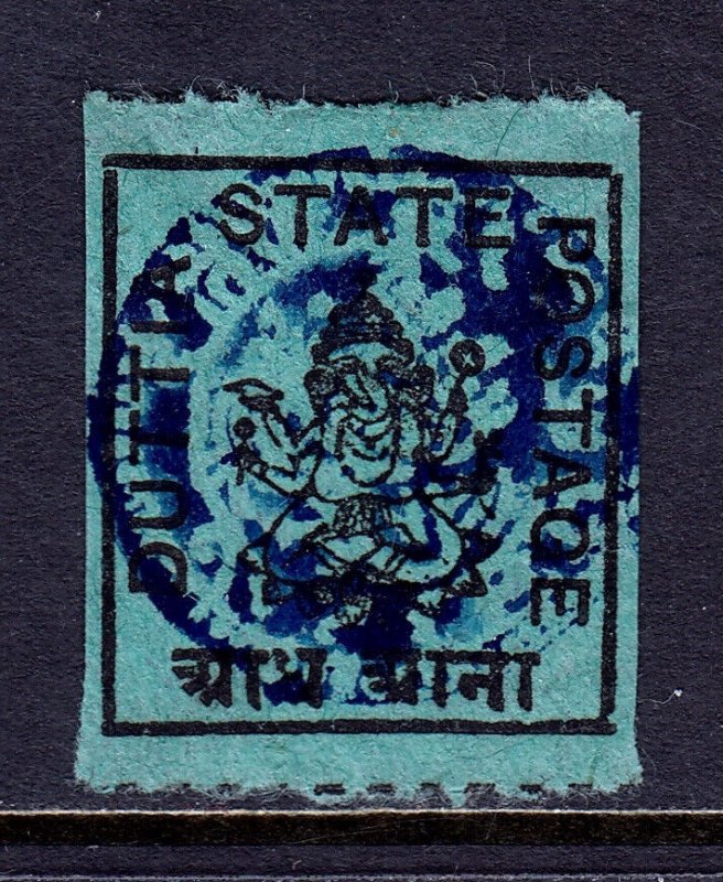 INDIA (DUTTIA) — SCOTT 15  — 1899 ½a BLACK ON GREEN GANESH — USED — SCV $30
