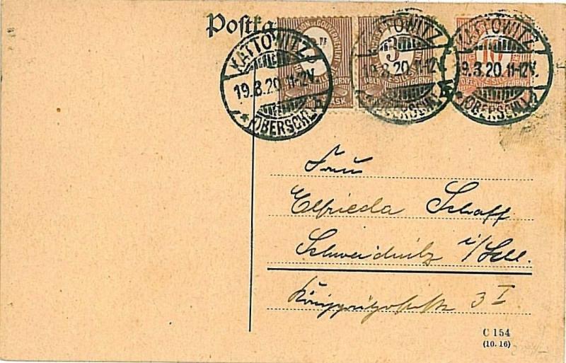 GERMANY Haute Silésie UPPER SILESIA-  POSTAL HISTORY Postcard 1920