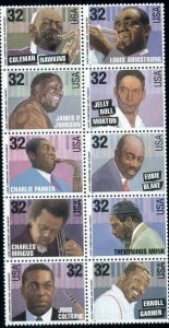 #2992A, 32¢ JAZZ MUSICIANS STAMPS LOT OF 25 BLKS. OF 10, SPICE UP YOUR MAILINGS!