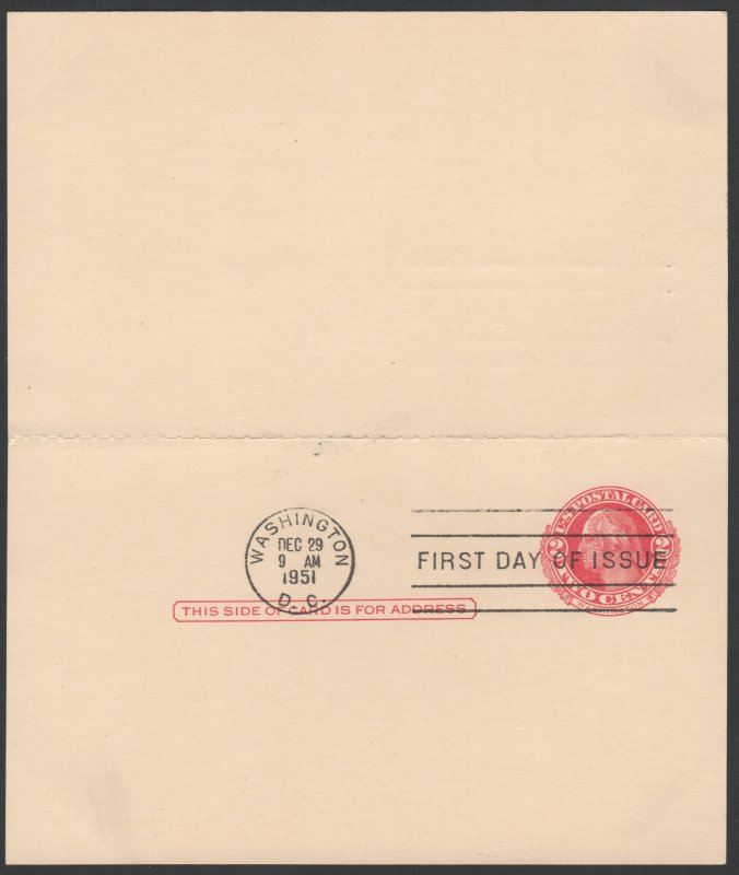 SC#UY13 2¢ + 2¢ G. & M. Washington Double Postal Card FDC (1951) Unused