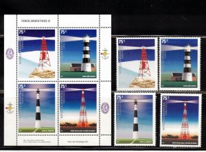 Argentina Sc 2377, 2377a-d MNH set & S/S of 2006 - LIGHTHOUSES