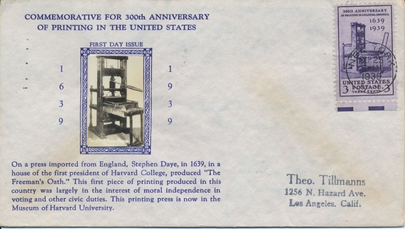 #857-32c Press in Colonial America Crosby cachet First Day cover