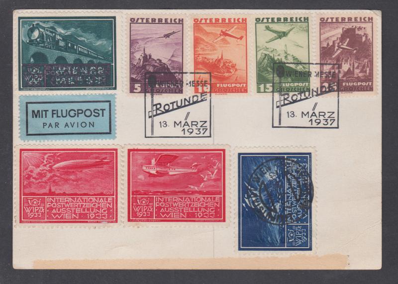 Austria Sc C32/C36, 1937 Air Mail Card, VIENNA FAIR cancels, 1933 WIPA labels