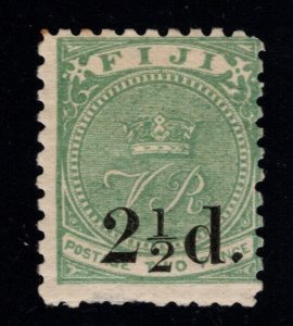 Fiji Scott 50 MH* 1891 surcharged  stamp, few perf tips toned, hinge remnant