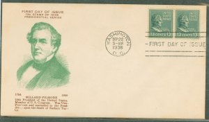 US 818 (1938) 13c Millard Filmore (part of the Presidential, Prexy series) pair-on an unaddressed First Day Cover with a Holland