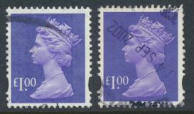 Great Britain SG Y1743 SC# MH279 Machin £1 Used x2  Bluish Violet see phosph...