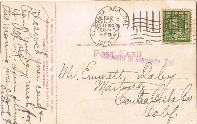 United States California Missent to Alameda, Cal. 1909 violet sl  PC.