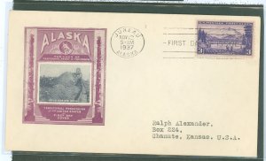 US 800 1937 3c alaska, part of the possession series on an addressed, typed first day cover wtih an ioor cachet