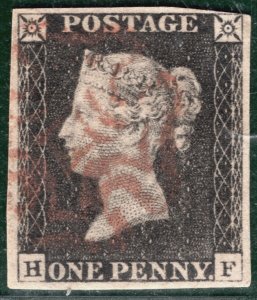 GB PENNY BLACK QV 1840 Stamp SG.2 1d Plate 3 (HF) Maroon MX Cat £500+ PRED19