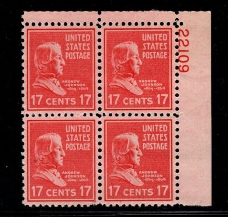 ALLY'S STAMPS US Plate Block Scott #822 17c Andrew Johnson MNH - F/VF [STK]