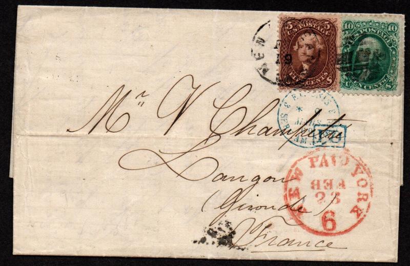 $US Sc#68+75 red brown 1869 cover, New Orleans to France