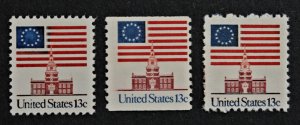 US # 1622, 1622C, 1625 13c Flag over Independence Hall Set of 3 Different Stamps