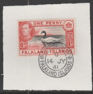 Falkland Islands 1938 KG6 1d BLACK SWAN on piece with MADAME JOSEPH  POSTMARK