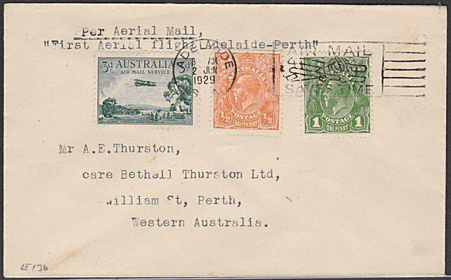 AUSTRALIA 1929 first flight cover Adelaide to Perth........................55156