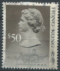 Hong Kong Sc#504 Used, $50 multi TI, Queen Elizabeth II (1987-1992) (1987)