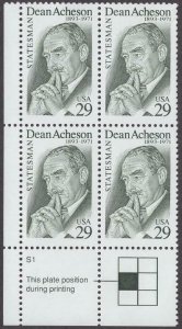 1993 Dean Acheson Plate Block of 4 29c Postage Stamps, Sc# 2755, MNH, OG