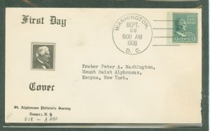 US 818  13c Millard Fillmore (part of the 1938 Presidential/prexy definitive series) single on an addressed first day cover with