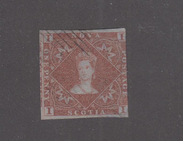 NOVA SCOTIA # 1 VERY LIGHTLY USED 1ct RED BROWN WITH BLUED PAPER 