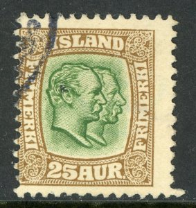 Iceland 1907 Two Kings 25a Bis Brn & Green Perf 13 Scott 80 VFU C905