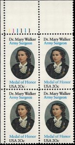 Scott # 2013 1982 20c multi Photo;   Dr. M. Walker ; TAGGED Plate Block - Upp...