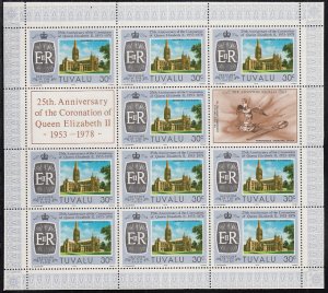 Tuvalu 1978 MNH Sc #82 Sheet of 10 plus 2 labels: 30c Salisbury Cathedral - C...