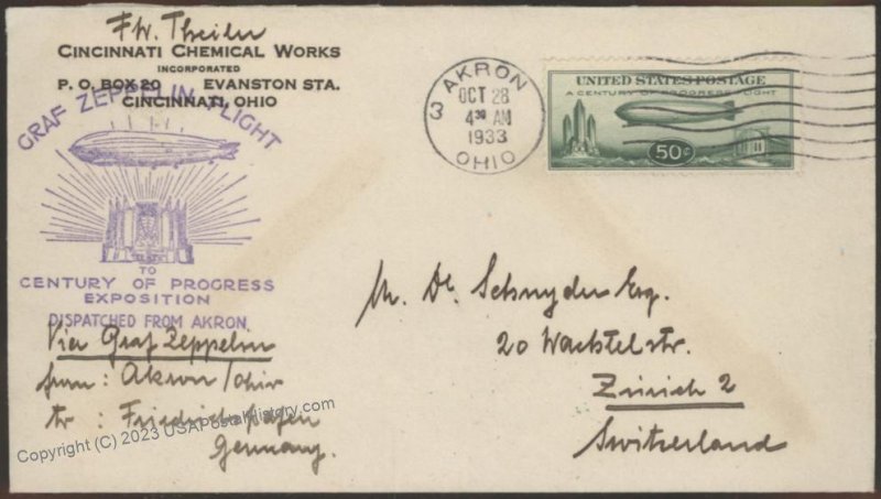 USA 1933 Graf Zeppelin Akron Chicagofahrt C18 Mi355 Cover Zurich Switzerl 111124