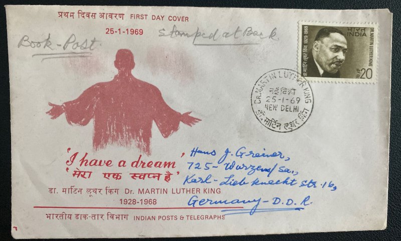 1969 New Delhi India First Day Airmail Cover To DDR Germany Dr Martin Luther Kin