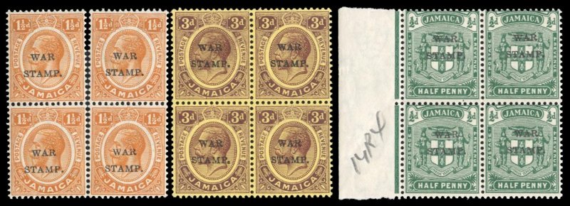 Jamaica #MR4-6 Cat$32+ (for hinged), 1916 War Tax, set of three in blocks of ...