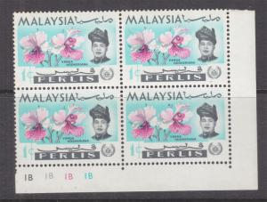 PERLIS, MALAYSIA, 1965 Orchids, 1c. Plate # 1B block of 4, mnh.