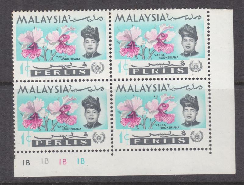 PERLIS, MALAYSIA, 1965 Orchids, 1c. Plate # 1B block of 4, mnh.