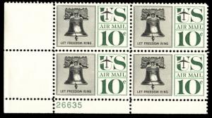 US #C57 PLATE BLOCK, VF/XF mint never hinged,  10c Liberty Bell,   THE KET TO...