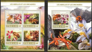 Niger 2017 Honey Bees Flowers Orchids sheet + S/S MNH