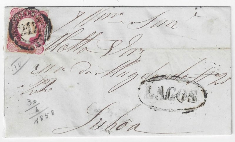 Portugal cover LAGOS Jun 1858 to LISBON Pedro V 25 Reis Sc#11 YT#12 SG#22 Mf#13