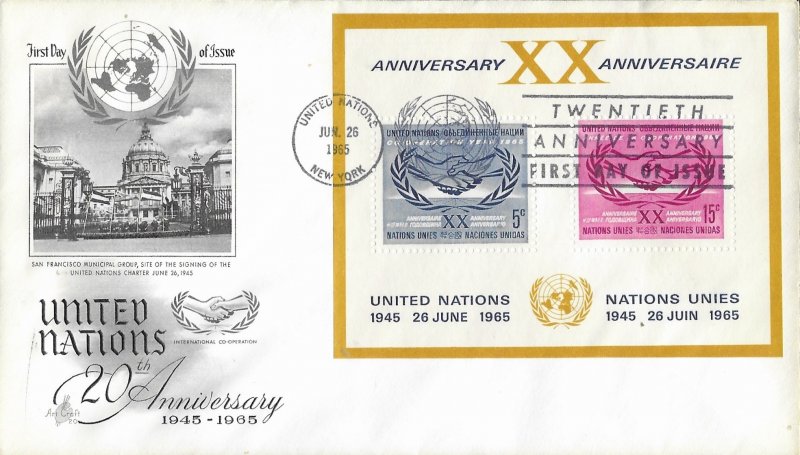 United Nations, New York #145, 20th Anniv., Art Craft, souvenir sheet