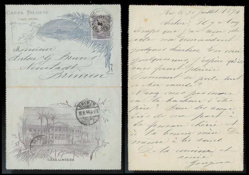 BRAZIL Letter Card Used 200 Reis to Germany c1894