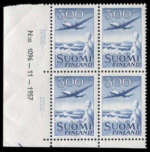 Finland #C4 Cat$140+, 1958 300m blue, plate block of four, folded between the...